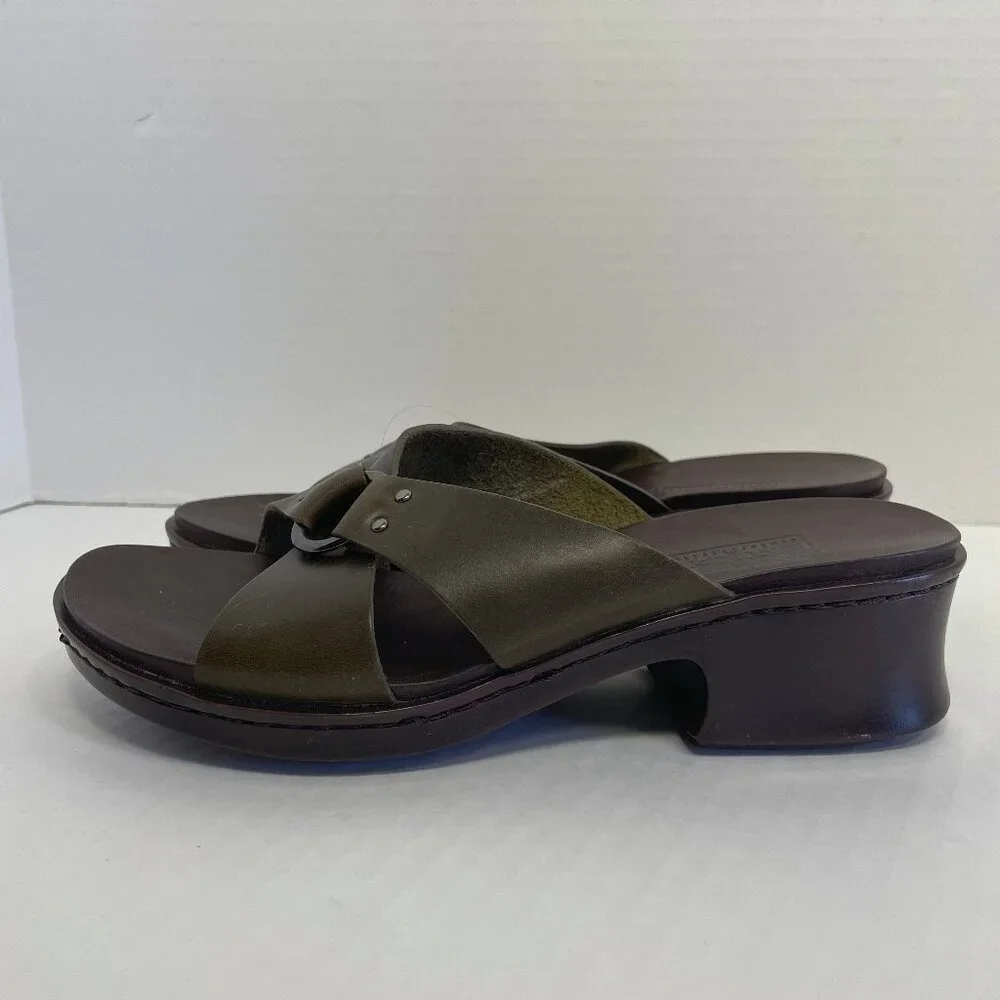 Timberland Sandals Women’s Sz 7.5 Olive Green Leather Strap Slides Smart Comfort